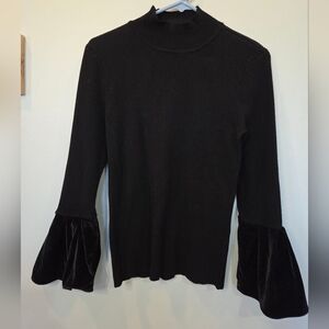 INC Black Ribbed High Mock Neck Velvet Bell Sleeve Top Size Large Romantic Vamp